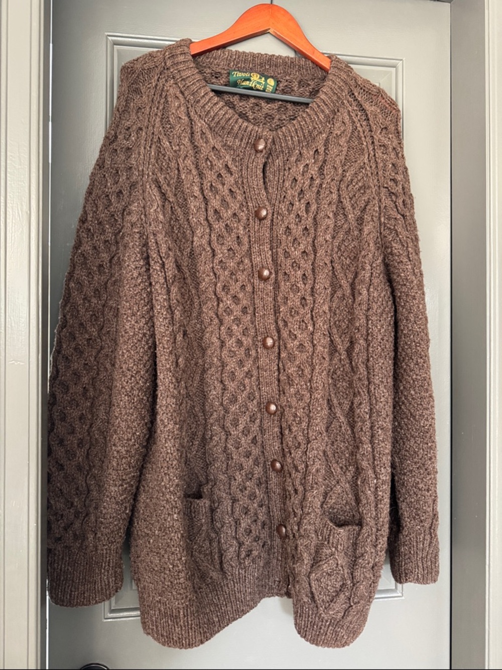 Cable Knit Button Cardigan Sweater - Brown 100% wool
